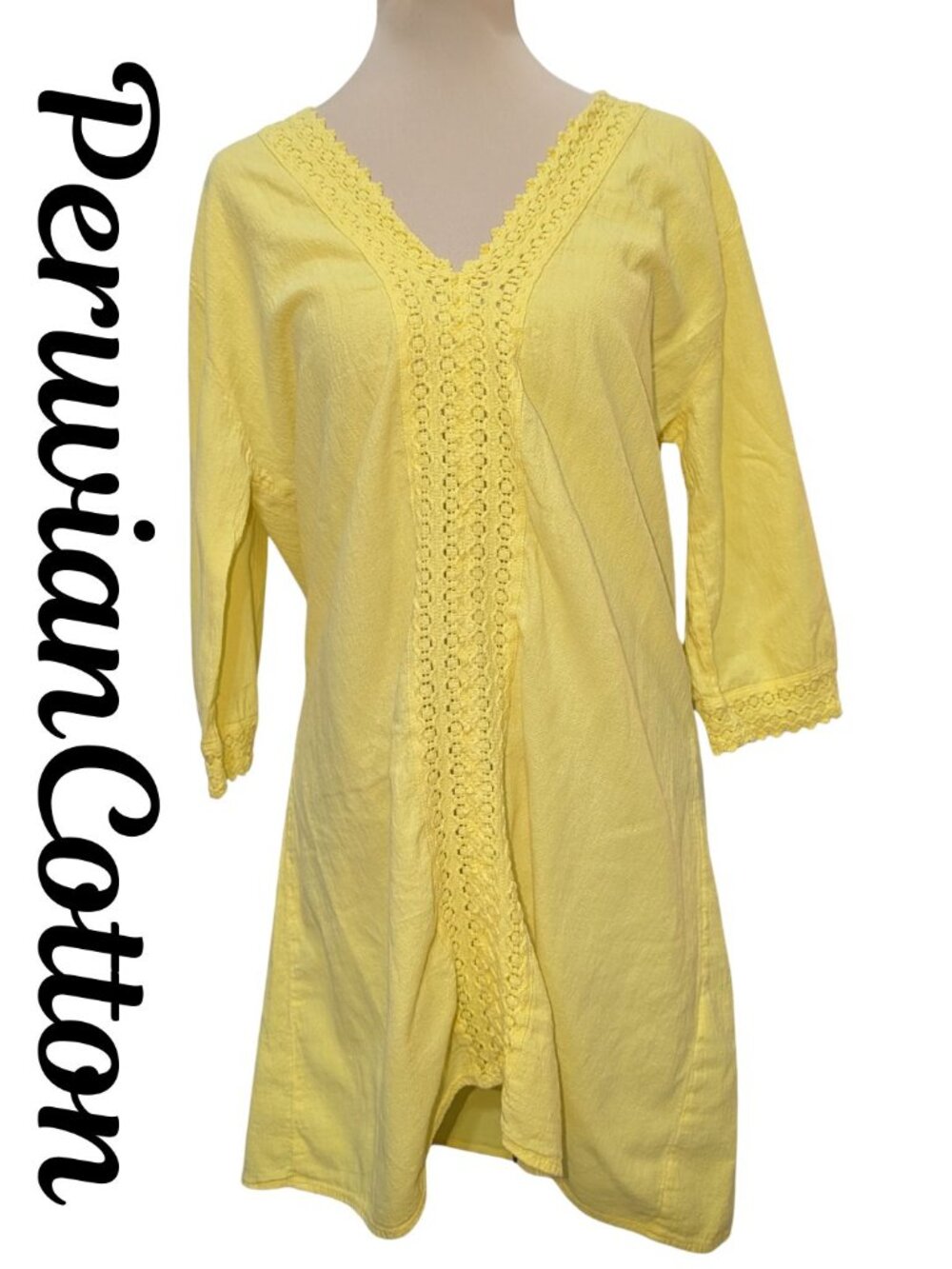 SEASPICE 100% Peruvian Cotton Yellow Resort Wear Lace Trim Dress